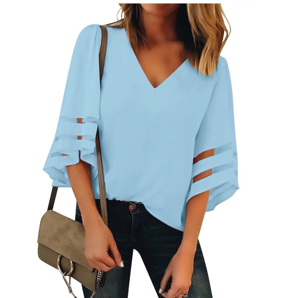 luvamia Solid Tops for Women Casual 3/4 Flared Sleeve Shirts Mesh Panel Blouse